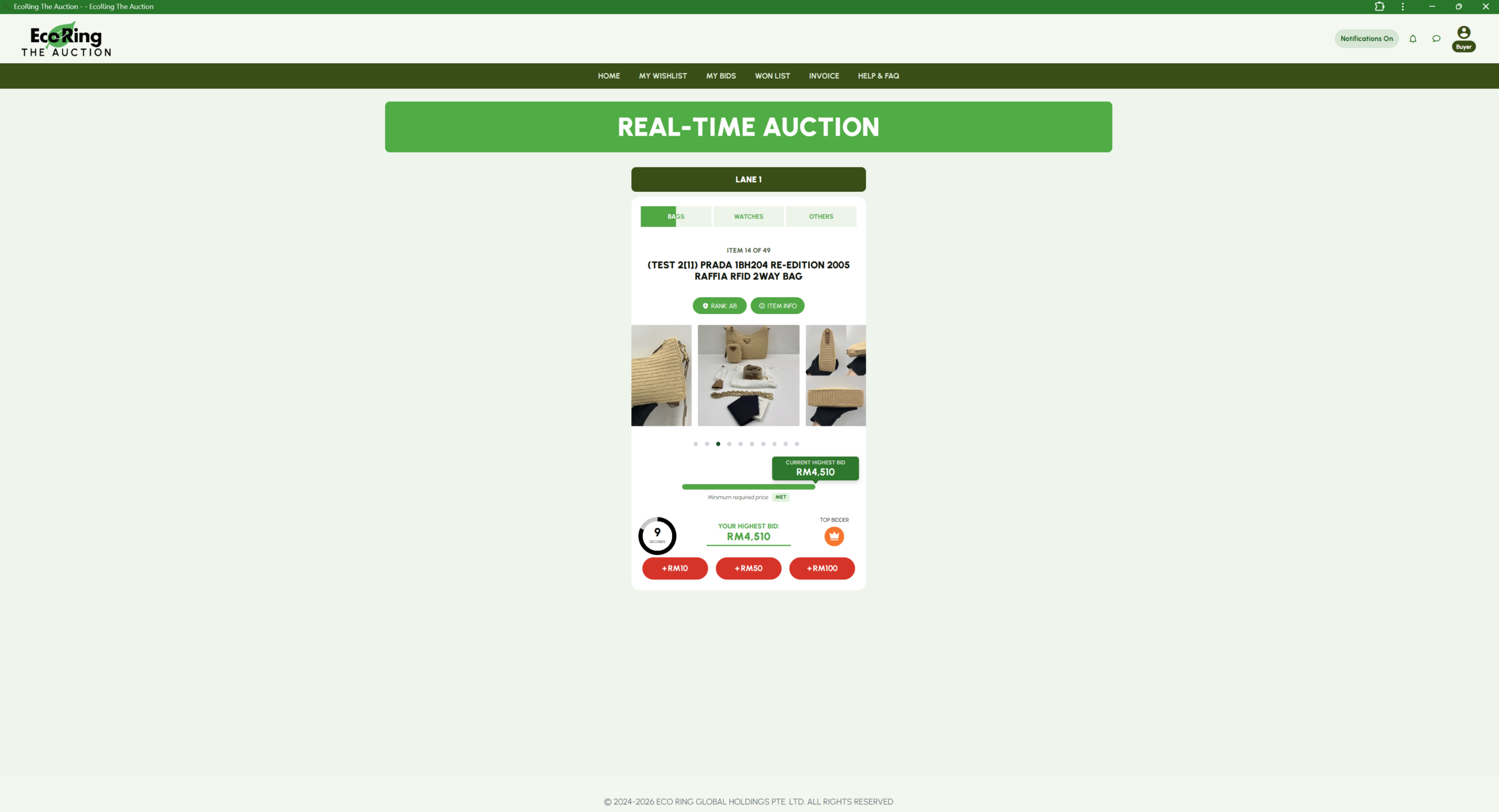RTA test example: RM4,510 bid, minimum price met and top bidder crown